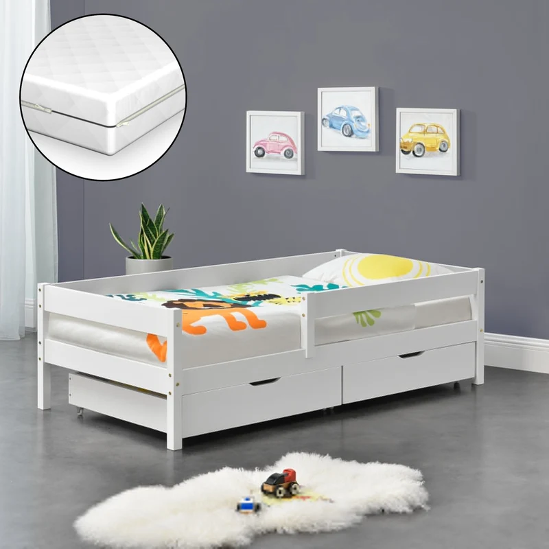 Cama para niños Borgarnes con colchón, 2 cajones, somier y protección contra caídas - pino En diferentes medidas y colores [en.casa]