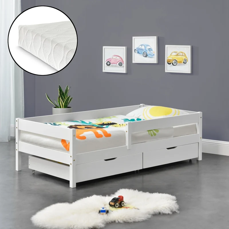 Cama para niños Borgarnes con colchón, 2 cajones, somier y protección contra caídas - pino En diferentes medidas y colores [en.casa]
