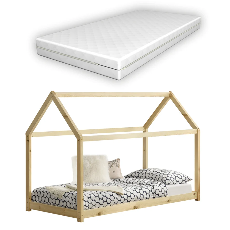 Cama infantil Netstal con colchón ortopédico - Forma de casa - pino - En diferentes medidas y colores [en.casa]