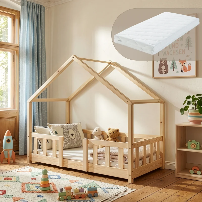 Cama para niños Treviolo forma de casa pino + colchón [en.casa]