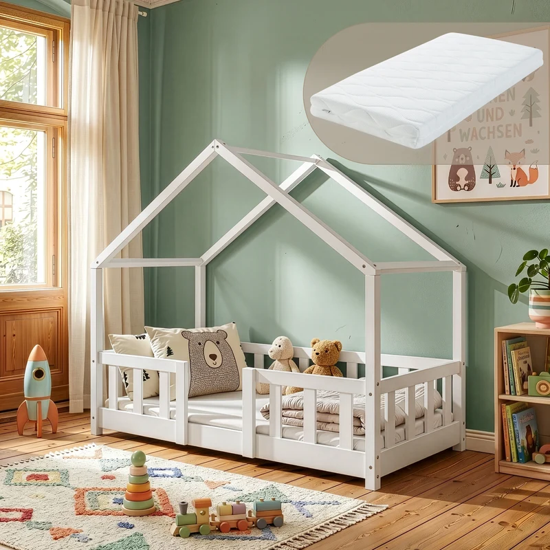 Cama para niños Treviolo forma de casa pino + colchón [en.casa]