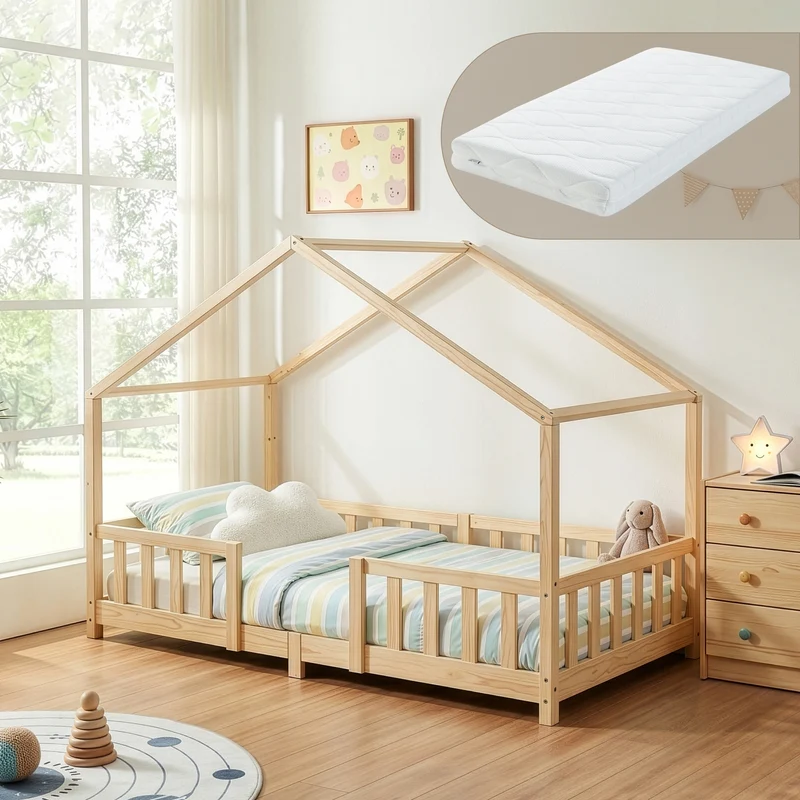Cama para niños Treviolo forma de casa pino + colchón [en.casa]