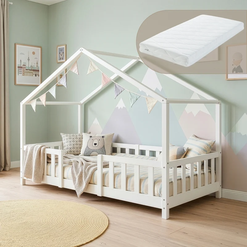 Cama para niños Treviolo forma de casa pino + colchón [en.casa]