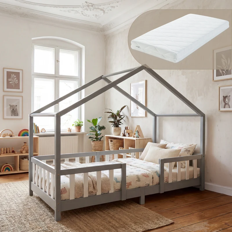 Cama para niños Treviolo forma de casa pino + colchón [en.casa]