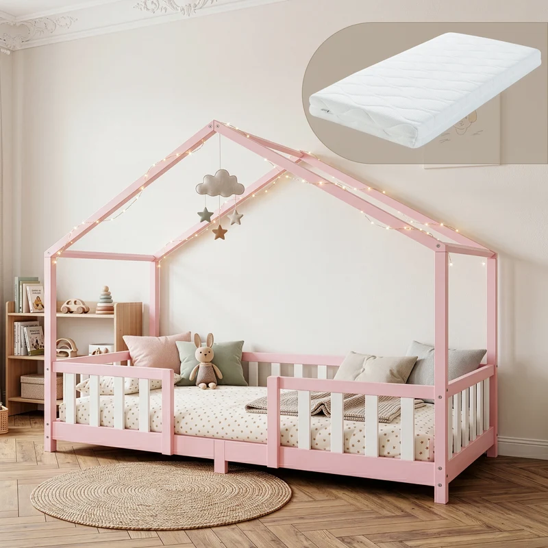 Cama para niños Treviolo forma de casa pino + colchón [en.casa]