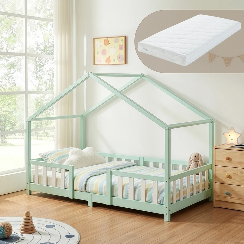 Cama para niños Treviolo forma de casa pino + colchón [en.casa]