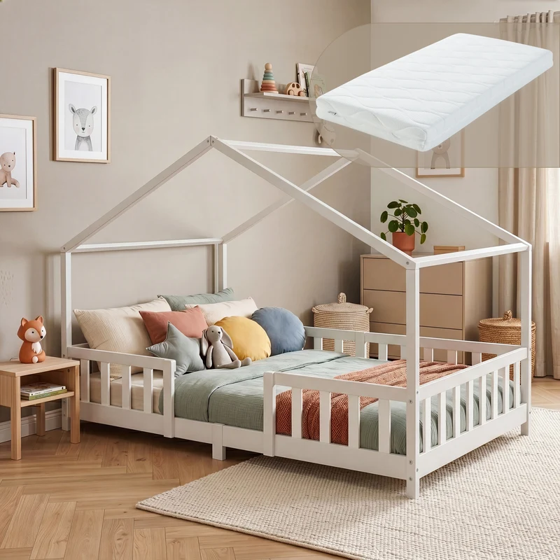Cama para niños Treviolo forma de casa pino + colchón [en.casa]
