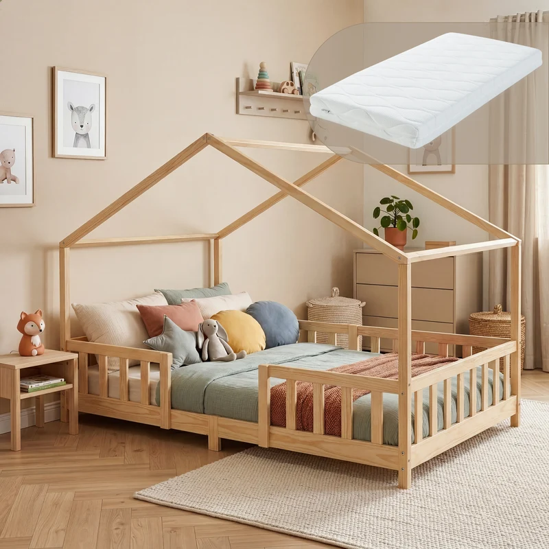 Cama para niños Treviolo forma de casa pino + colchón [en.casa]