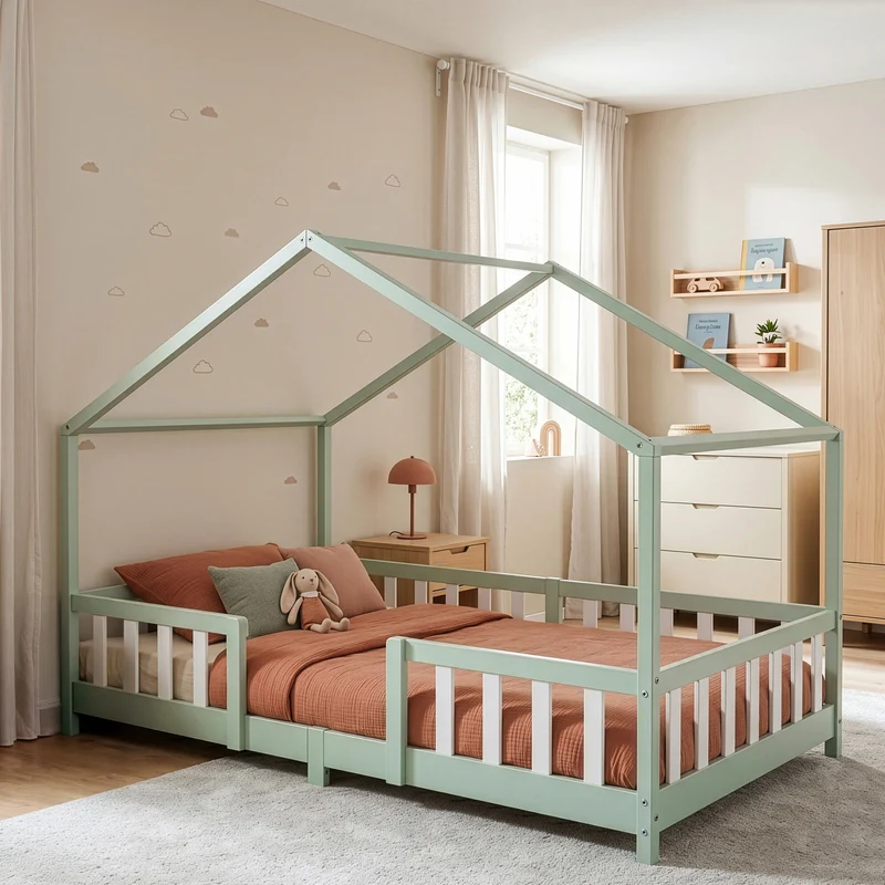 Cama para niños Treviolo forma de casa pino + colchón [en.casa]