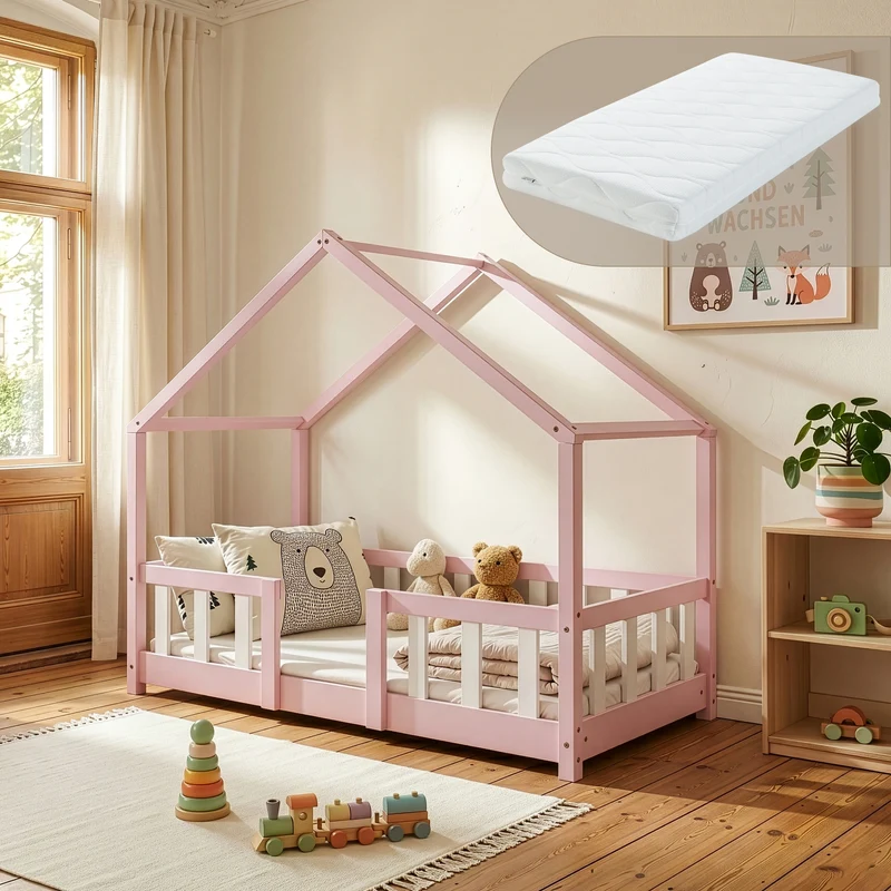 Cama para niños Treviolo forma de casa pino + colchón [en.casa]