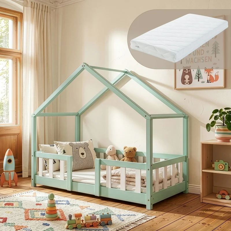 Cama para niños Treviolo forma de casa pino + colchón [en.casa]