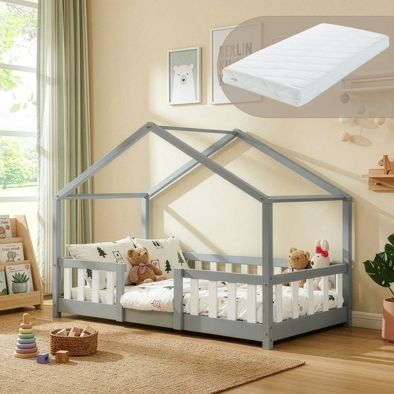 Cama para niños Treviolo forma de casa pino + colchón [en.casa]