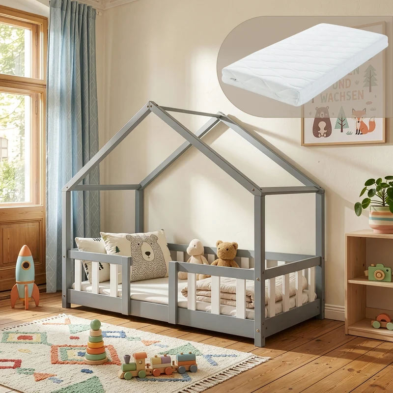 Cama para niños Treviolo forma de casa pino + colchón [en.casa]