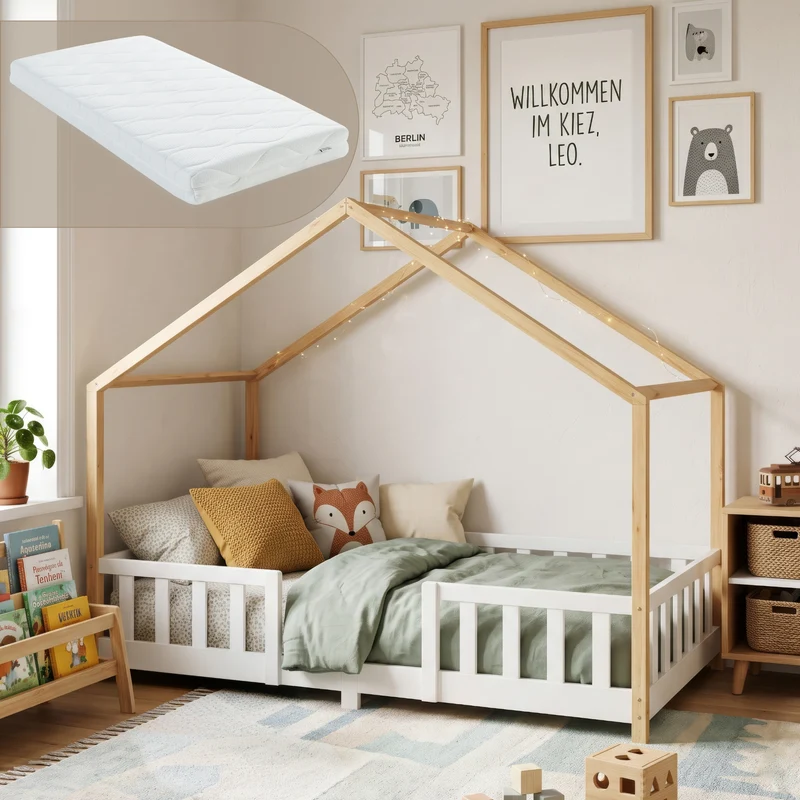 Cama para niños Treviolo forma de casa pino + colchón [en.casa]