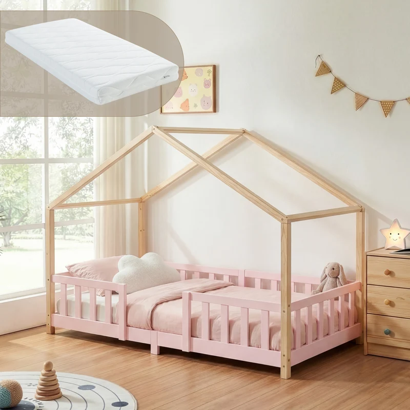 Cama para niños Treviolo forma de casa pino + colchón [en.casa]