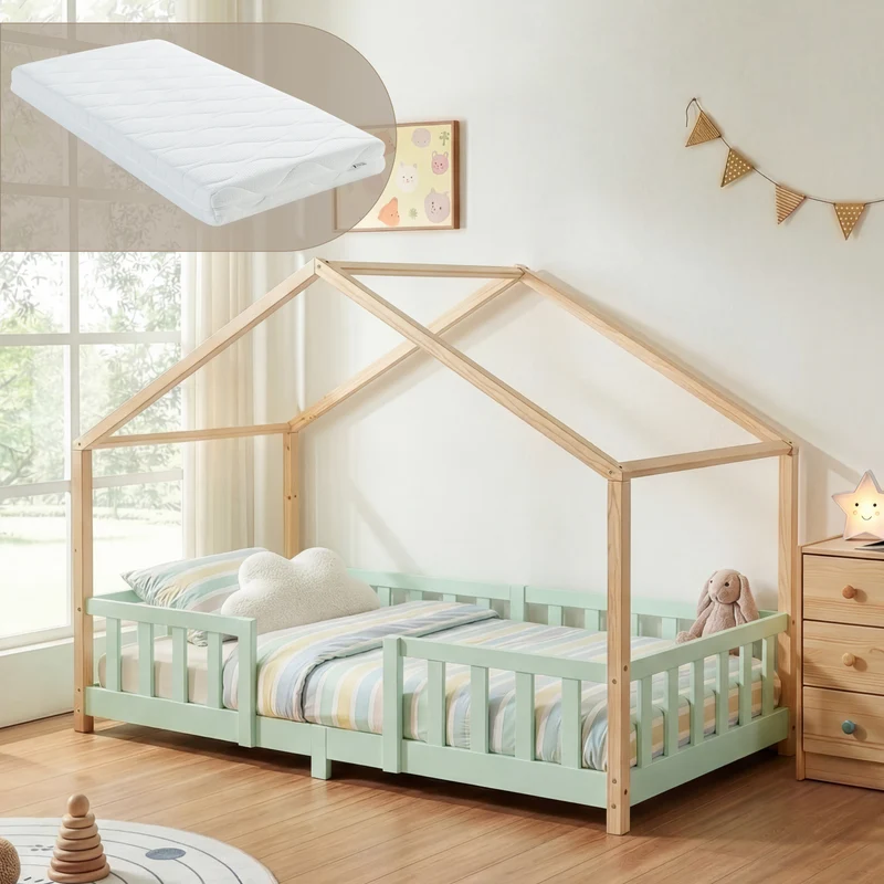 Cama para niños Treviolo forma de casa pino + colchón [en.casa]