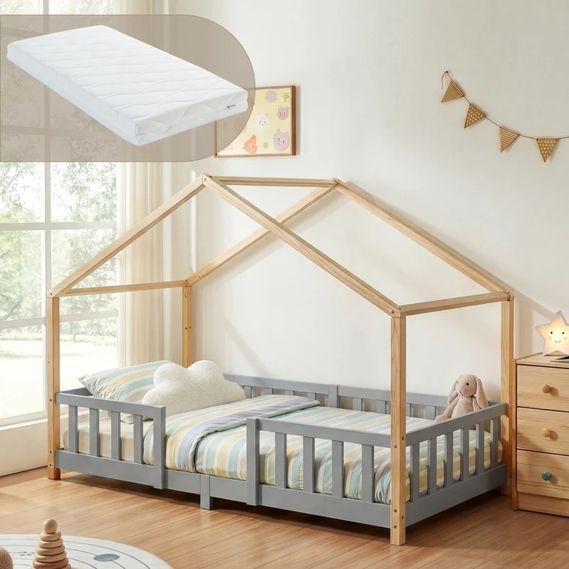 Cama para niños Treviolo forma de casa pino + colchón [en.casa]