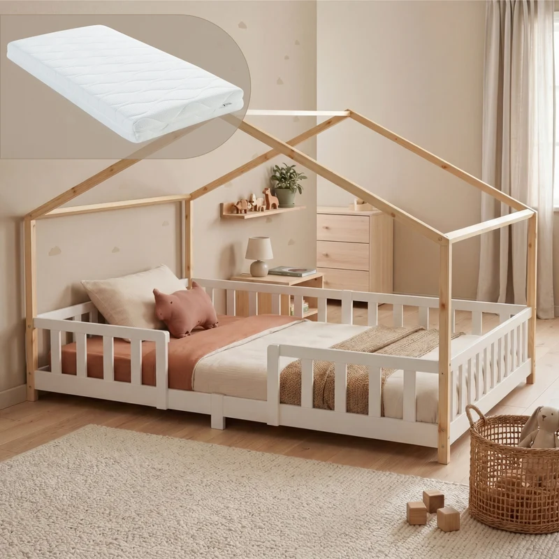 Cama para niños Treviolo forma de casa pino + colchón [en.casa]