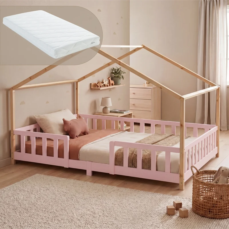 Cama para niños Treviolo forma de casa pino + colchón [en.casa]