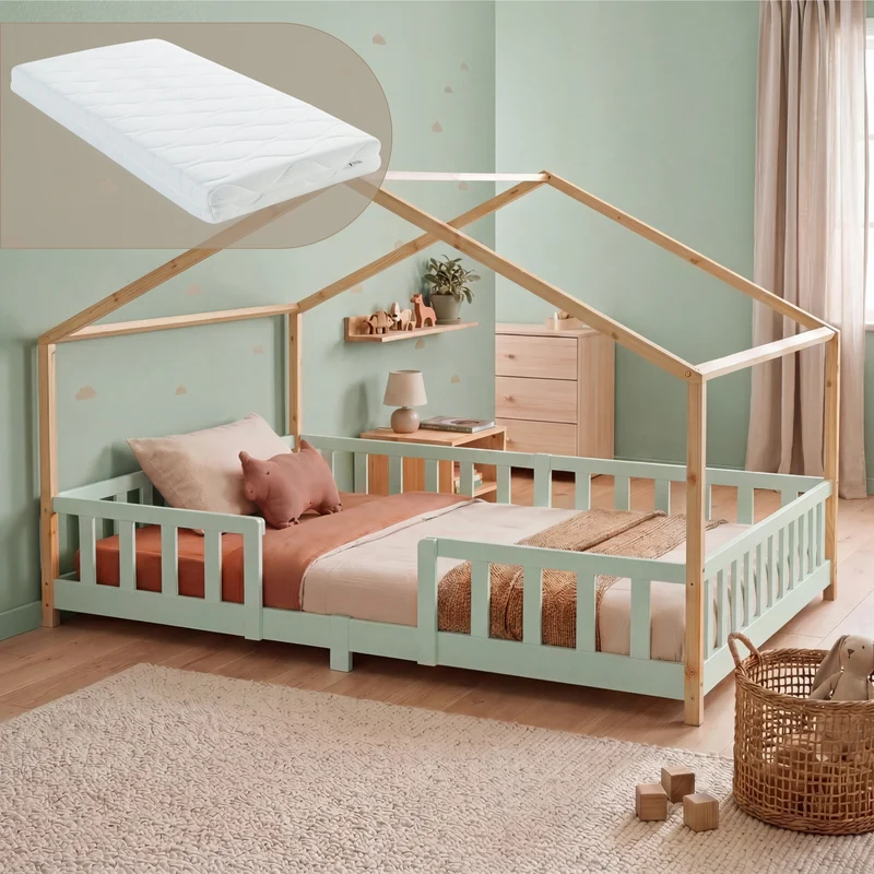 Cama para niños Treviolo forma de casa pino + colchón [en.casa]