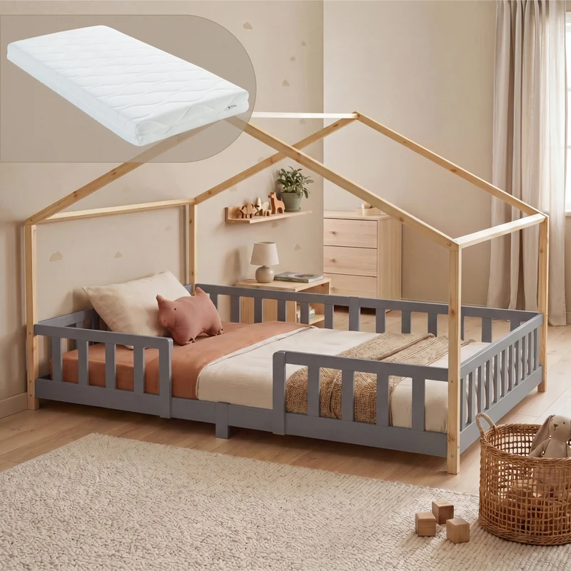 Cama para niños Treviolo forma de casa pino + colchón [en.casa]