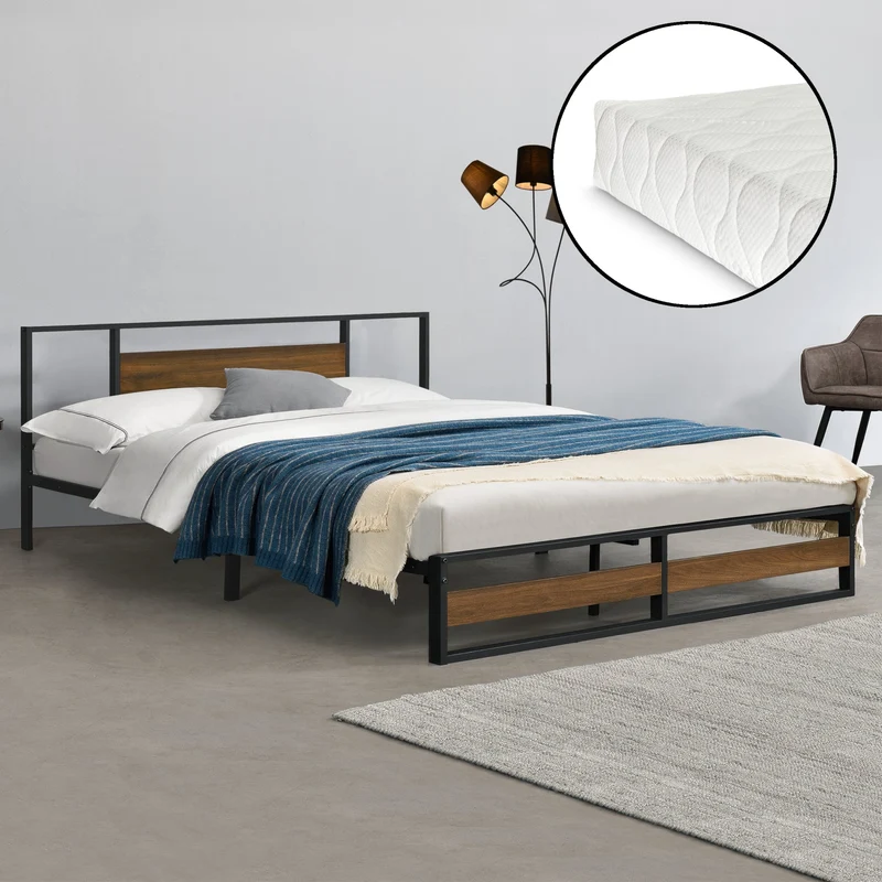 Cama de metal Villach con colchón en varios tamaños Negro con aspecto de nogal [en.casa]