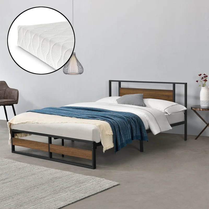 Cama de metal Villach con colchón en varios tamaños Negro con aspecto de nogal [en.casa]