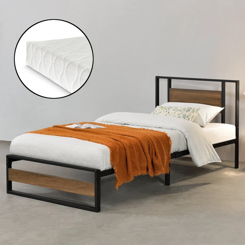 Cama de metal Villach con colchón en varios tamaños Negro con aspecto de nogal [en.casa]