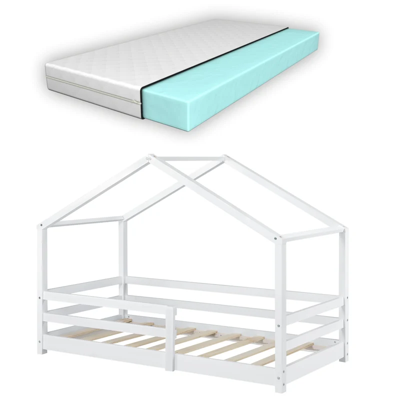 Cama para niños Knätten - Casita - con colchón ortopédico, reja y somier - pino - [en.casa]