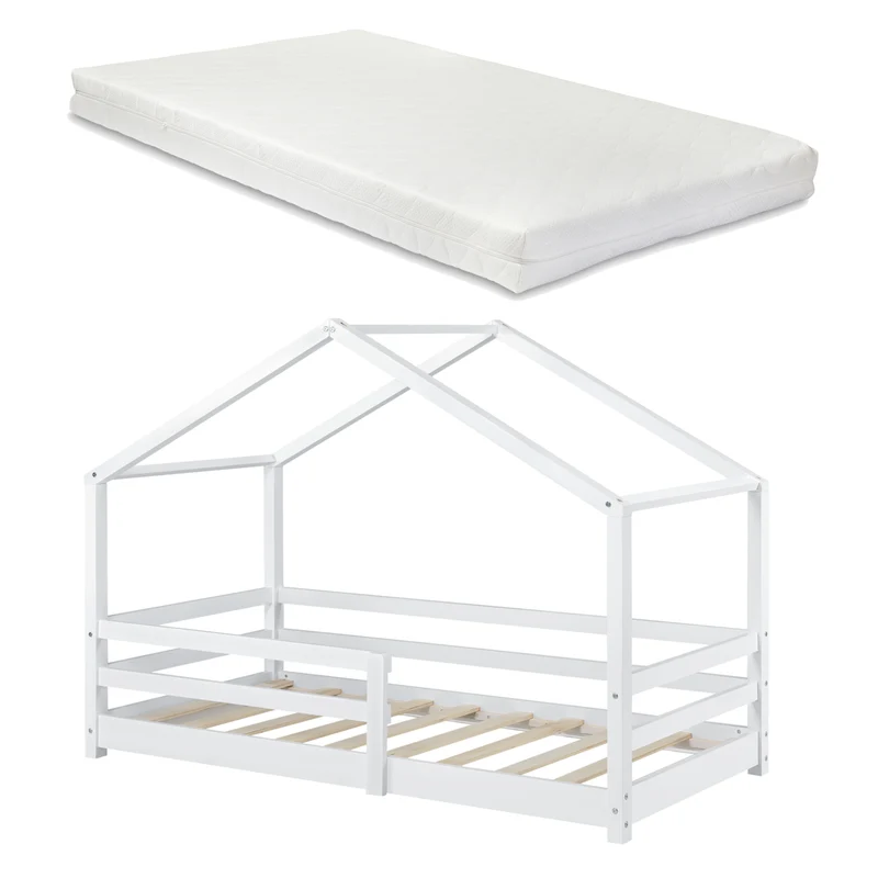 Cama para niños Knätten - Casita - con colchón ortopédico, reja y somier - pino - [en.casa]