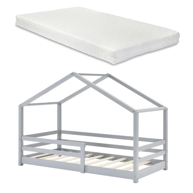 Cama para niños Knätten - Casita - con colchón ortopédico, reja y somier - pino - [en.casa]
