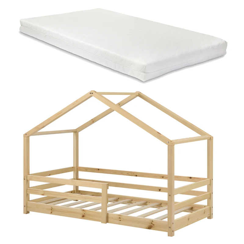 Cama para niños Knätten - Casita - con colchón ortopédico, reja y somier - pino - [en.casa]