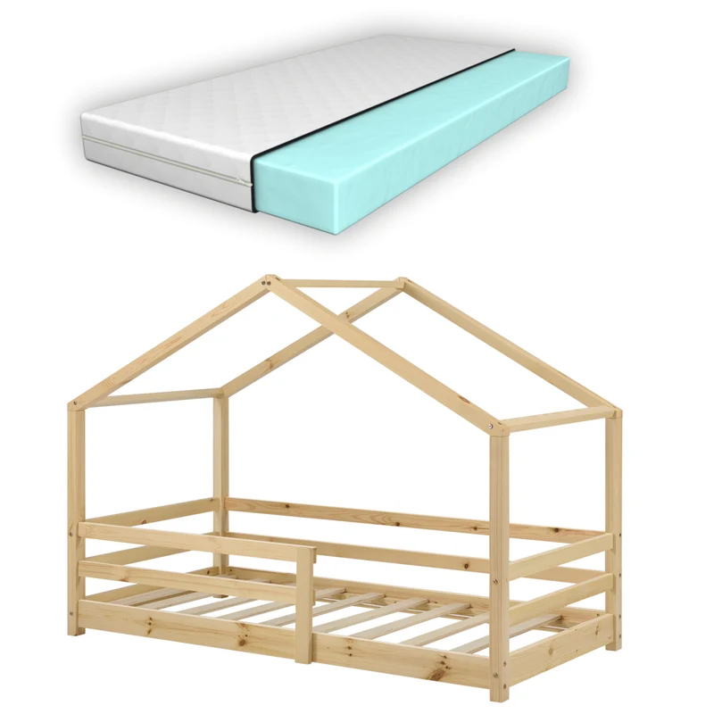 Cama para niños Knätten - Casita - con colchón ortopédico, reja y somier - pino - [en.casa]