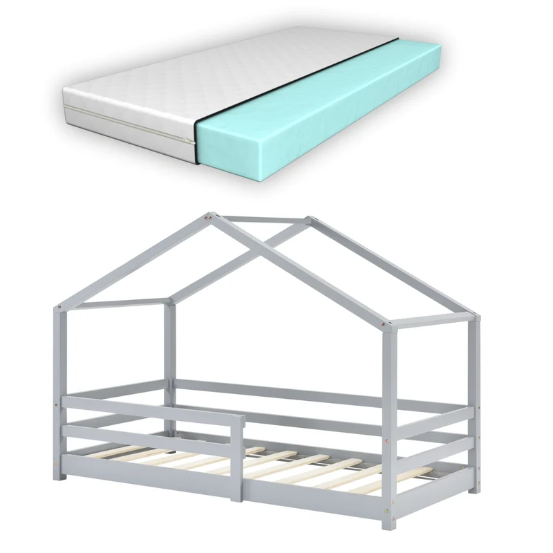 Cama para niños Knätten - Casita - con colchón ortopédico, reja y somier - pino - [en.casa]