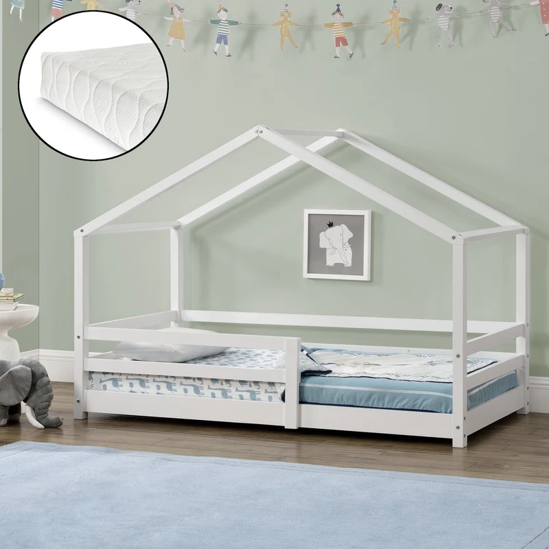 Cama para niños Knätten - Casita - con colchón ortopédico, reja y somier - pino - [en.casa]