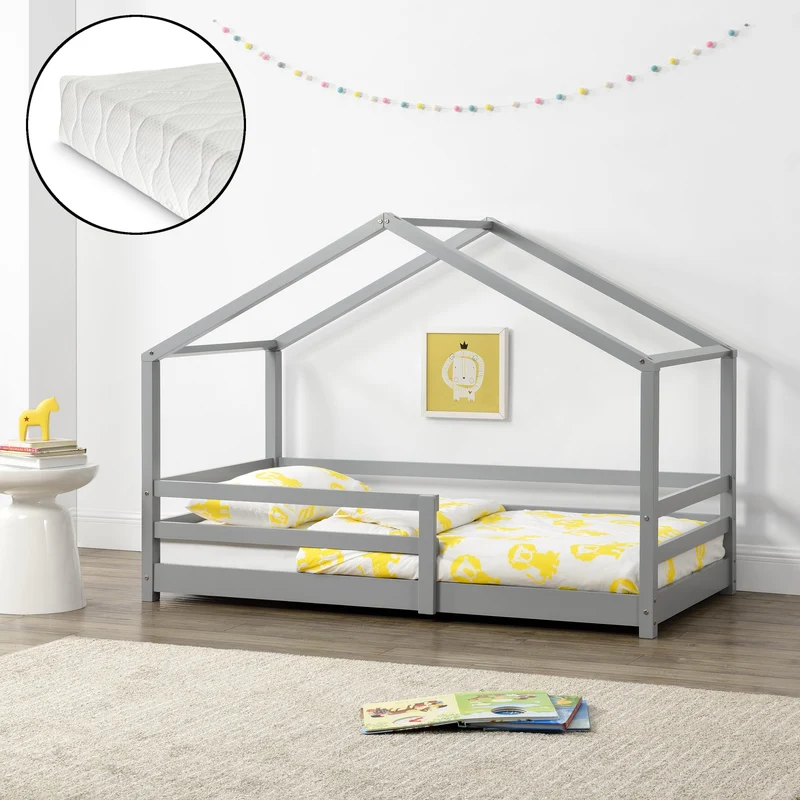 Cama para niños Knätten - Casita - con colchón ortopédico, reja y somier - pino - [en.casa]