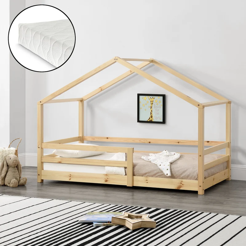 Cama para niños Knätten - Casita - con colchón ortopédico, reja y somier - pino - [en.casa]