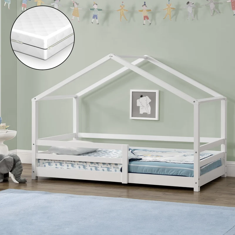 Cama para niños Knätten - Casita - con colchón ortopédico, reja y somier - pino - [en.casa]