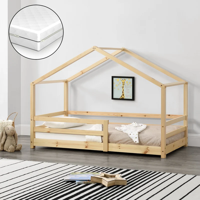 Cama para niños Knätten - Casita - con colchón ortopédico, reja y somier - pino - [en.casa]