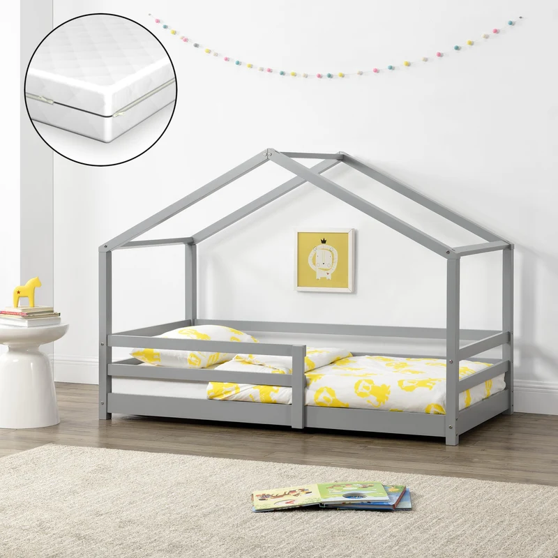 Cama para niños Knätten - Casita - con colchón ortopédico, reja y somier - pino - [en.casa]