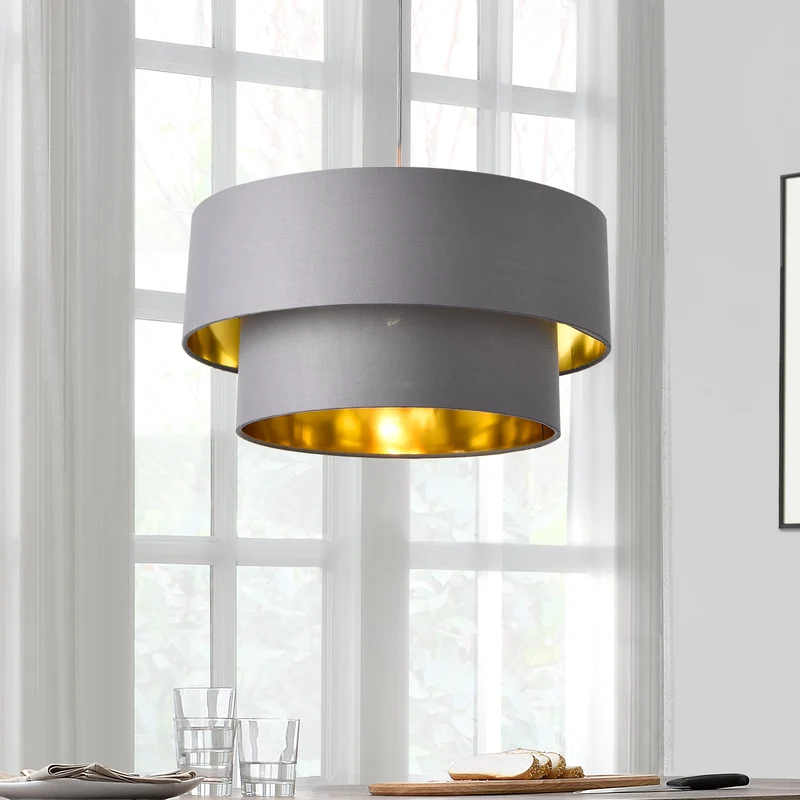 Lámpara colgante Lopar E27 Metal Tela Gris-Dorado lux.pro