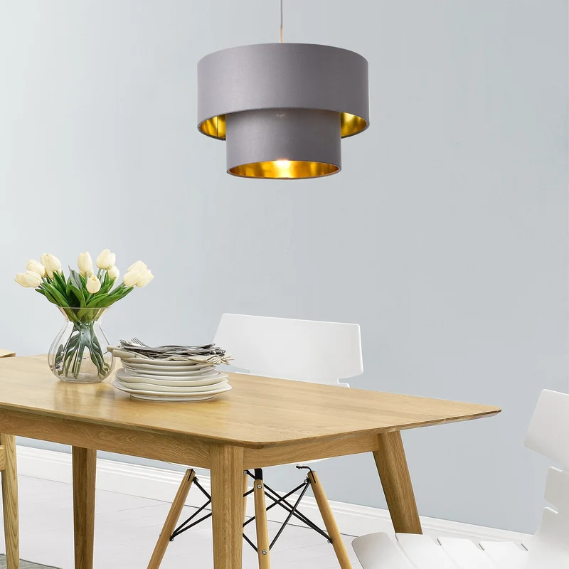 Lámpara colgante Lopar E27 Metal Tela Gris-Dorado lux.pro
