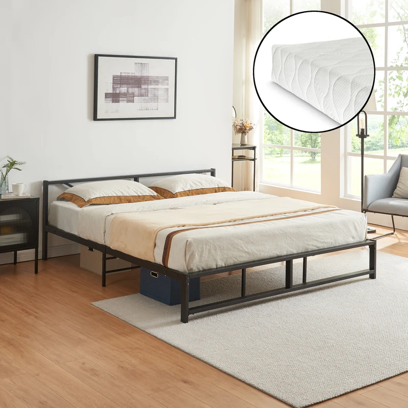 Cama de metal Meran con colchón acero negro [en.casa]
