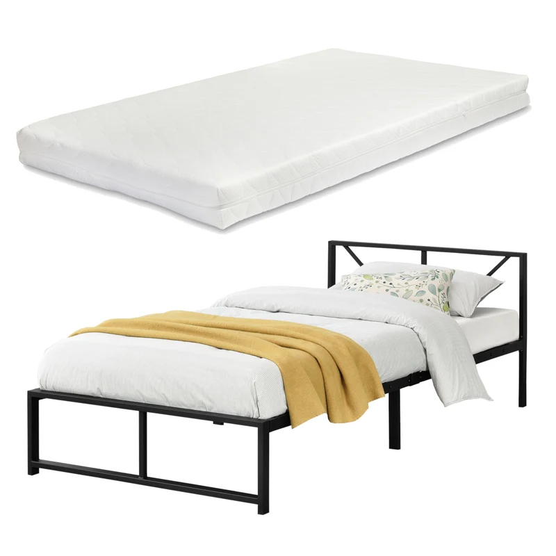 Cama de metal Meran con colchón acero negro [en.casa]