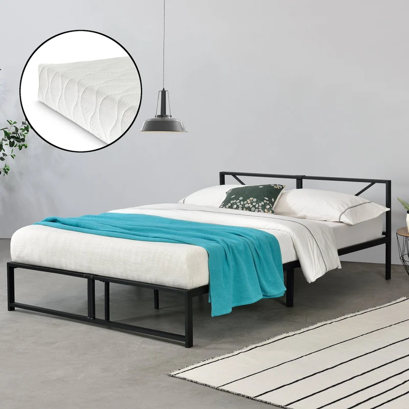 Cama de metal Meran con colchón acero negro [en.casa]