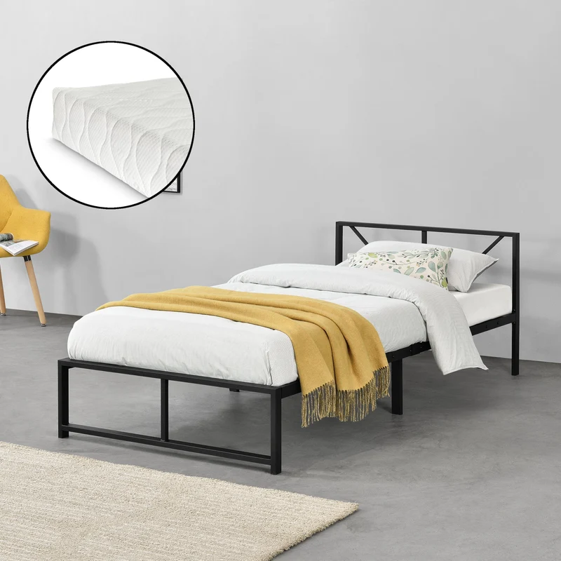 Cama de metal Meran con colchón acero negro [en.casa]