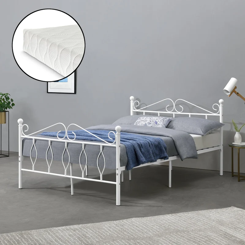Cama de metal Apolda con colchón varios tamaños hasta 300kg Blanco [en.casa]