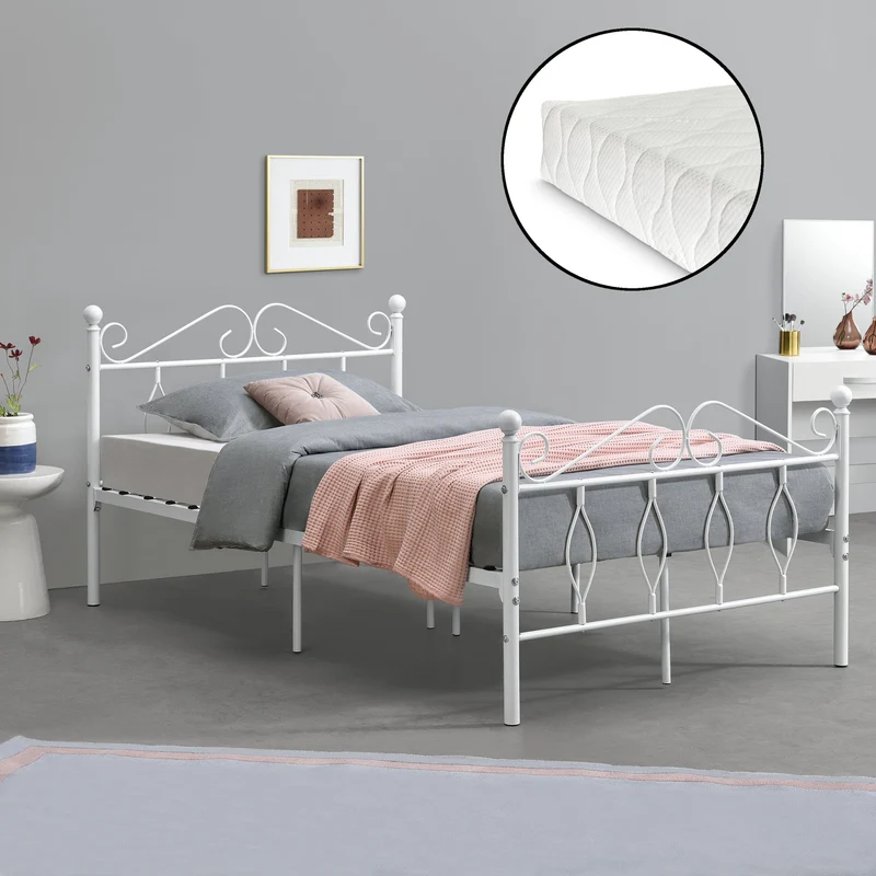 Cama de metal Apolda con colchón varios tamaños hasta 300kg Blanco [en.casa]