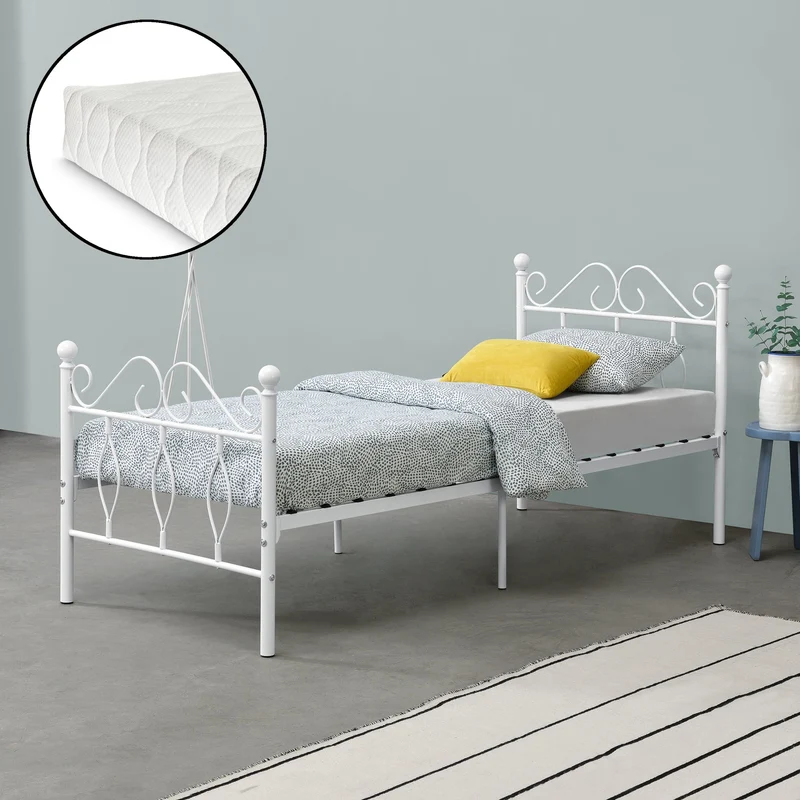Cama de metal Apolda con colchón varios tamaños hasta 300kg Blanco [en.casa]