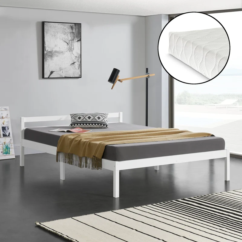 Cama de madera Nakkila varios colores y tamaños con colchón de espuma fría en.casa